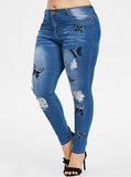 WMNS Plus Sized Distressed Denim Skinny Fit Jeans - Butterfly Enhancements Dark Blue Distressed - vmlfashion-com