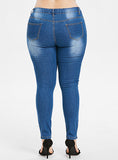 WMNS Plus Sized Distressed Denim Skinny Fit Jeans - Butterfly Enhancements Dark Blue Distressed - vmlfashion-com