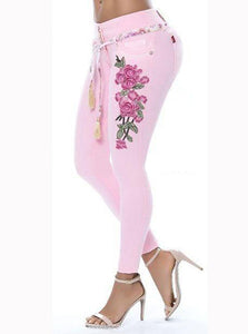 Pastel Colored Denim Skinny Jeans - Large Vertical Rose - vmlfashion-com