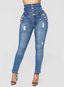 Women blue sexy Button Front High Waist jeans - vmlfashion-com