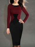 Women's Knee Length Dress Red Black Pencil Skirt Long Sleeve Dress - vmlfashion-com