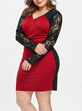 Women's Mini Dress with Lace Two Ton Long sleeve Dress - vmlfashion-com