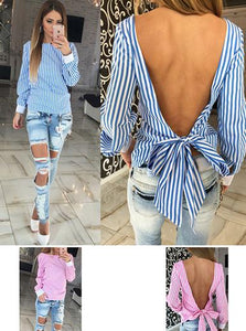 Women's Dress Shirt Style Striped Open BackTop - vmlfashion-com