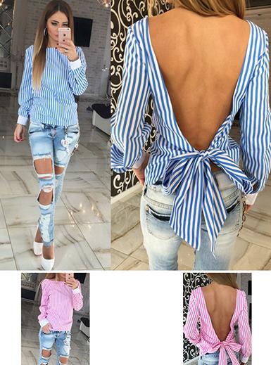 Women's Dress Shirt Style Striped Open BackTop - vmlfashion-com