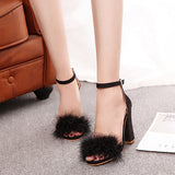 Women's Single Ankle Strap Sandal Ultra Plush Suede Fabric  Side Buckle Fur Upper Strap High Heels - vmlfashion-com