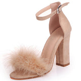 Women's Single Ankle Strap Sandal Ultra Plush Suede Fabric  Side Buckle Fur Upper Strap High Heels - vmlfashion-com