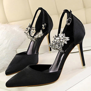 Women's Satin-Finish Stilettos Rhinestone Embellishments - vmlfashion-com