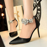 Women's Satin-Finish Stilettos Rhinestone Embellishments - vmlfashion-com