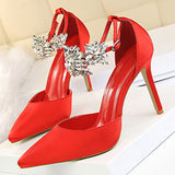 Women's Satin-Finish Stilettos Rhinestone Embellishments - vmlfashion-com