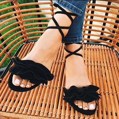 Women's Flirty Ruffled Sandal Flat Soles Crisscrossed Ankle Straps - vmlfashion-com