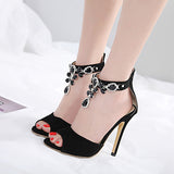 Women's Stilettos Black Open Toe Diamante Ankle Bracelet - vmlfashion-com