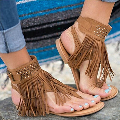 Women's Fancy Fringed Sandals Open Toe Rhinestone Stud - vmlfashion-com