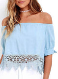 Women's Blue Short Top With Laced Trim - vmlfashion-com