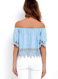 Women's Blue Short Top With Laced Trim - vmlfashion-com