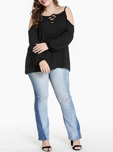 Women's Plus Size Open Shoulder Top With Strap Split Front - vmlfashion-com