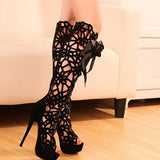 Women's Strap Up Floral Lace High Heels Shoe - vmlfashion-com