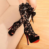 Women's Strap Up Floral Lace High Heels Shoe - vmlfashion-com