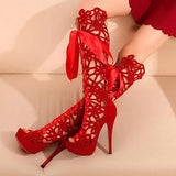 Women's Strap Up Floral Lace High Heels Shoe - vmlfashion-com