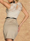 Cream and Tan Dress  White Lace Overlay - vmlfashion-com