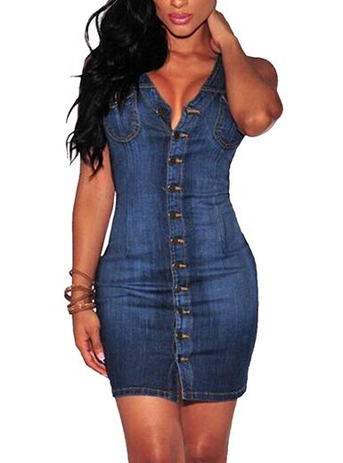 Women's Denim Button Down Front V Neckline Sleeveless Breast Pockets Dress - vmlfashion-com