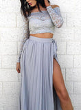 Two Piece Long Sleeve Dress Lace Crop Top and Maxi Skirt Set - vmlfashion-com