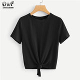 Dotfashion Knot Front Solid Ribbed Tee Women 2019 Summer Casual Tops Kawaii Clothes Short Sleeve Korean Style Fashion T-Shirt - vmlfashion-com