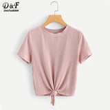 Dotfashion Knot Front Solid Ribbed Tee Women 2019 Summer Casual Tops Kawaii Clothes Short Sleeve Korean Style Fashion T-Shirt - vmlfashion-com