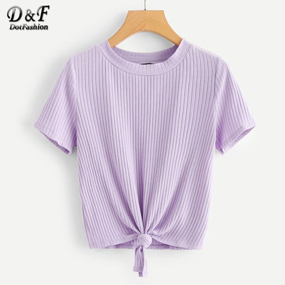 Dotfashion Knot Front Solid Ribbed Tee Women 2019 Summer Casual Tops Kawaii Clothes Short Sleeve Korean Style Fashion T-Shirt - vmlfashion-com