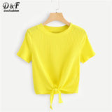 Dotfashion Knot Front Solid Ribbed Tee Women 2019 Summer Casual Tops Kawaii Clothes Short Sleeve Korean Style Fashion T-Shirt - vmlfashion-com