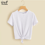 Dotfashion Knot Front Solid Ribbed Tee Women 2019 Summer Casual Tops Kawaii Clothes Short Sleeve Korean Style Fashion T-Shirt - vmlfashion-com