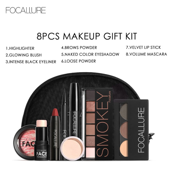 Focallure 8 pcs/set Makeup set including  Lipstick, eyeliner,Mascara, Eyeshadow, Eyebrow Powder,  Blush, Highlighter Cosmetics - vmlfashion-com