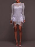 Women's Shimmering Mesh Effect Overlay Short Bodyfit Belt Excluded Long Sleeve Dress - vmlfashion-com