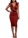 Women's Sleeveless Wrap Ruffle Cuff Neckline V Neckline Dress - vmlfashion-com