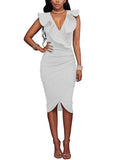 Women's Sleeveless Wrap Ruffle Cuff Neckline V Neckline Dress - vmlfashion-com