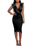 Women's Sleeveless Wrap Ruffle Cuff Neckline V Neckline Dress - vmlfashion-com