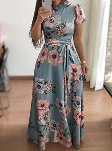 Women High Neck Long Flower Dress - vmlfashion-com