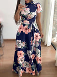 Women High Neck Long Flower Dress - vmlfashion-com