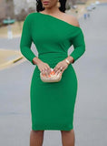 Women's Off shoulder Long Sleeves Bodyfit Dress Ruching - vmlfashion-com