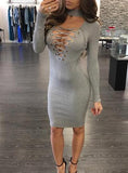 Women long sleeve Laced Deep V Neckline Dress - vmlfashion-com