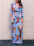 Women Split Front Floral Printed Wrap Style Long Sleeve - vmlfashion-com