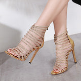 Women's Gold Gladiator High Heel Strappy Narrow Heel - vmlfashion-com