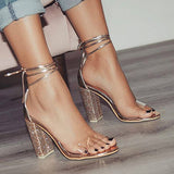 Women's Chunky Heels Rhinestones and Metallic Shoes - vmlfashion-com