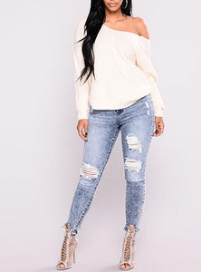 Women's High Rise Damaged Blue Jeans - vmlfashion-com