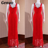 Genuo Sexy Women Summer Dress 2018 Backless Bodycon Red Maxi Dress V Neck Elegant Party Dresses Female Lace Vestidos - vmlfashion-com