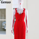 Genuo Sexy Women Summer Dress 2018 Backless Bodycon Red Maxi Dress V Neck Elegant Party Dresses Female Lace Vestidos - vmlfashion-com