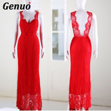 Genuo Sexy Women Summer Dress 2018 Backless Bodycon Red Maxi Dress V Neck Elegant Party Dresses Female Lace Vestidos - vmlfashion-com