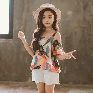 Girls Clothing Sets Teenage Kids Clothes Suit Feather Print Tops + Denim Shorts 3-14 Years 2pc Children Clothing Set - vmlfashion-com