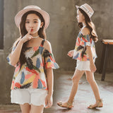 Girls Clothing Sets Teenage Kids Clothes Suit Feather Print Tops + Denim Shorts 3-14 Years 2pc Children Clothing Set - vmlfashion-com