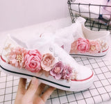 Girls sweet flower shoes 2018 Spring Canvas Shoes White Female High Help Custom Rhinstone Sequins Flowers Flat Shoes - vmlfashion-com