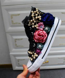 Girls sweet flower shoes 2018 Spring Canvas Shoes White Female High Help Custom Rhinstone Sequins Flowers Flat Shoes - vmlfashion-com